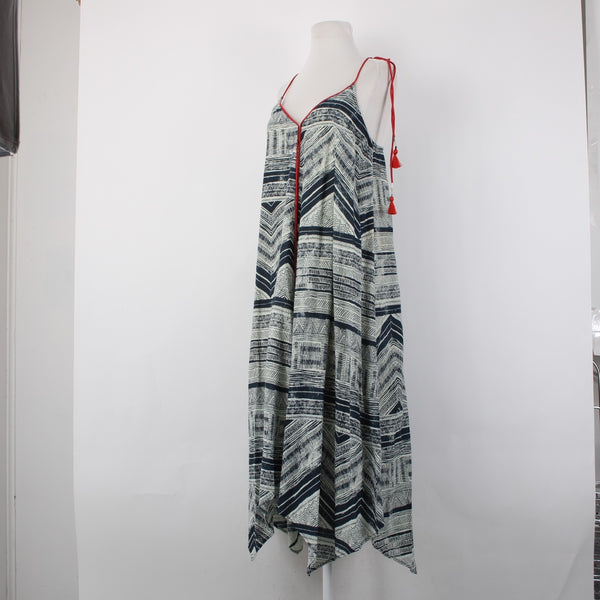 Akemi Kin Dress Sz XS Navy Cream Tan Red Lined Asymmetrical 100% Cotton Dress