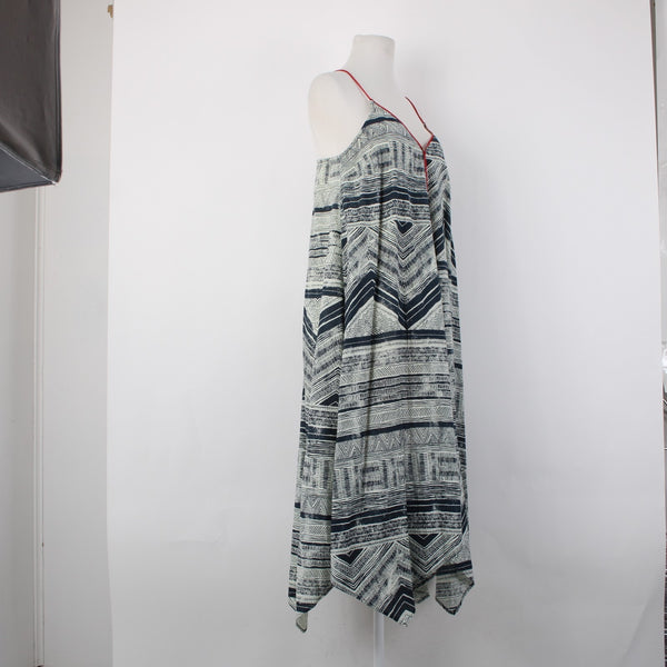 Akemi Kin Dress Sz XS Navy Cream Tan Red Lined Asymmetrical 100% Cotton Dress