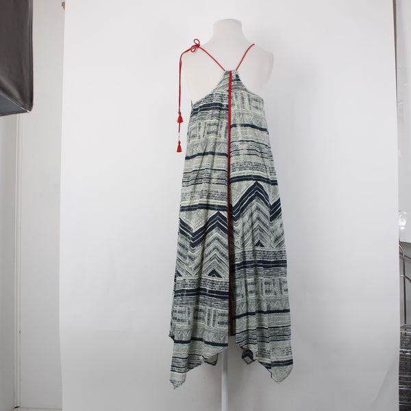 Akemi Kin Dress Sz XS Navy Cream Tan Red Lined Asymmetrical 100% Cotton Dress