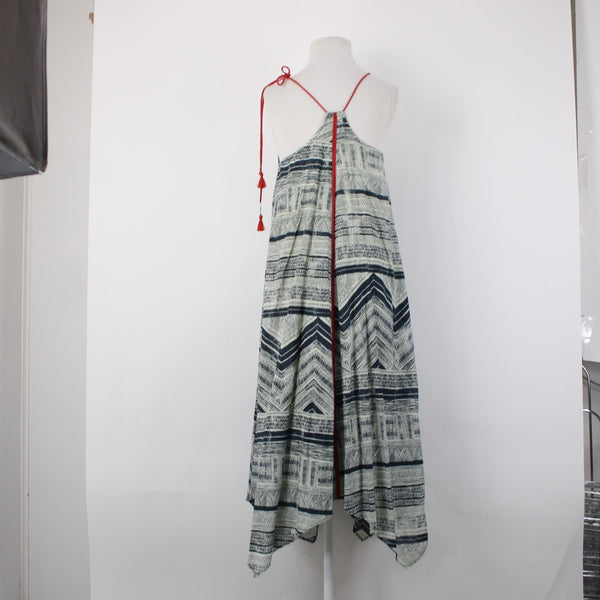 Akemi Kin Dress Sz XS Navy Cream Tan Red Lined Asymmetrical 100% Cotton Dress