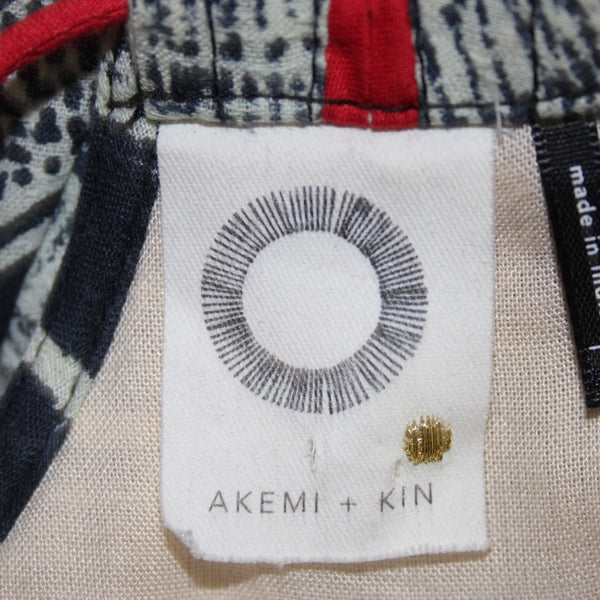 Akemi Kin Dress Sz XS Navy Cream Tan Red Lined Asymmetrical 100% Cotton Dress