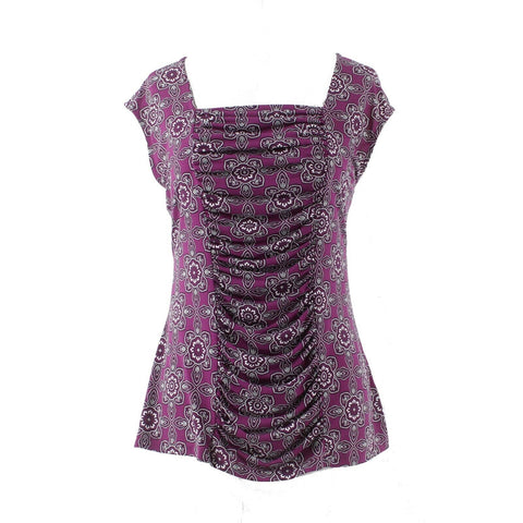 Grayson Sz L Purple Multi Floral Ruched Front Polyester Spandex Knit Top