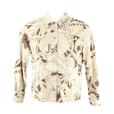 Alfred Dunner Sz 6P Tan Brown Multi Tropical Linen Cotton Unlined Shirt Top