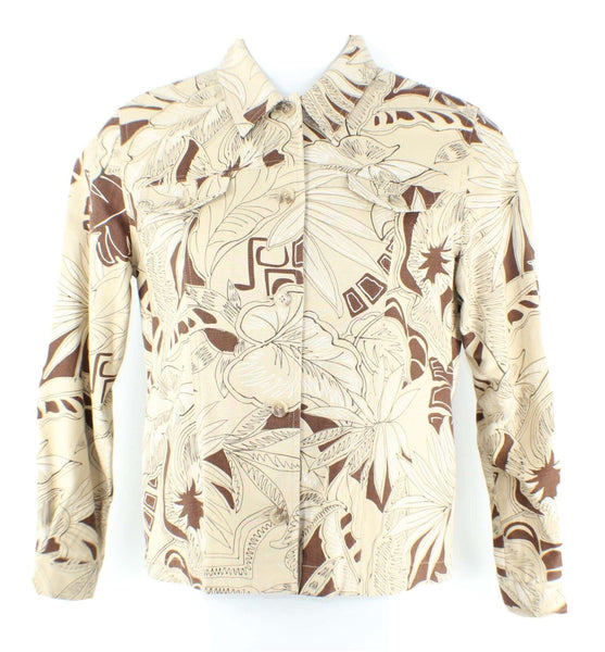 Alfred Dunner Sz 6P Tan Brown Multi Tropical Linen Cotton Unlined Shirt Top
