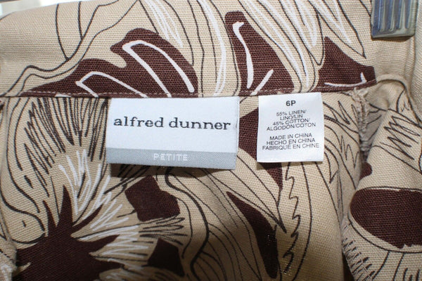 Alfred Dunner Sz 6P Tan Brown Multi Tropical Linen Cotton Unlined Shirt Top