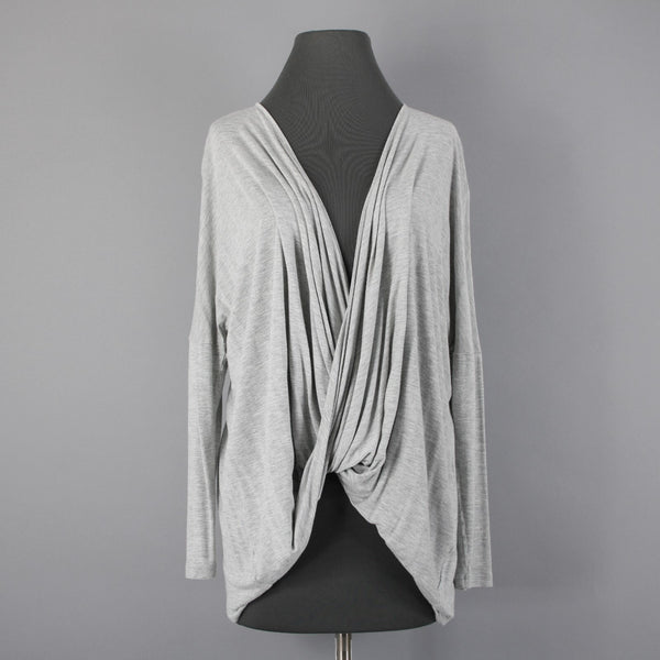 Cabi Sz S Gray V Neck Draped Waterfall Front Asymmetrical 100% Rayon Top