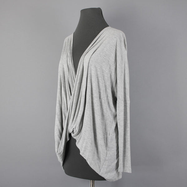 Cabi Sz S Gray V Neck Draped Waterfall Front Asymmetrical 100% Rayon Top