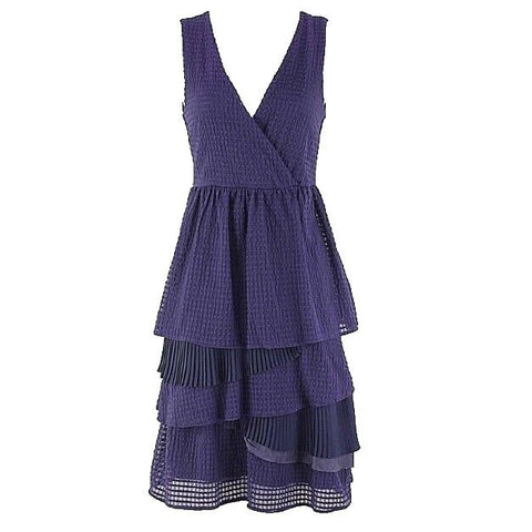 Ric Rac Sz XS Navy Blue Tiered Pleated V Neck Mesh Nylon Blend Dress