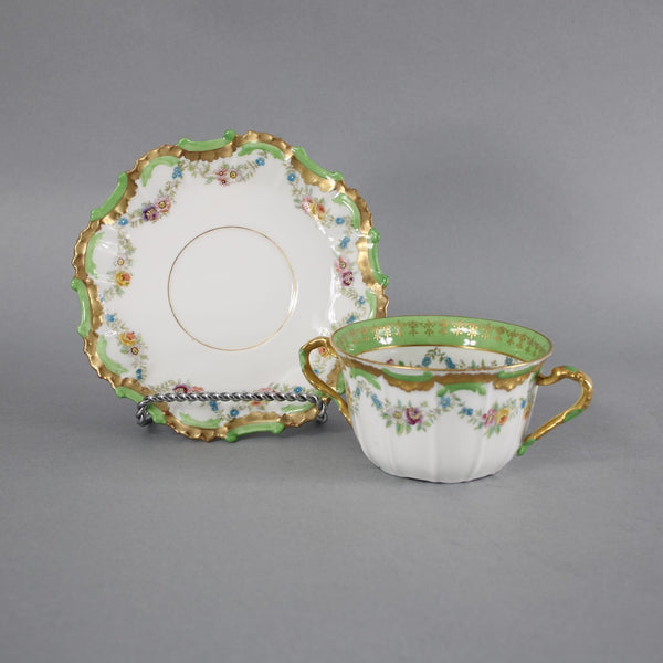 Limoges Tea Cup With Saucer Green Multi Hand Painted Porcelain Tea Cup W Saucer