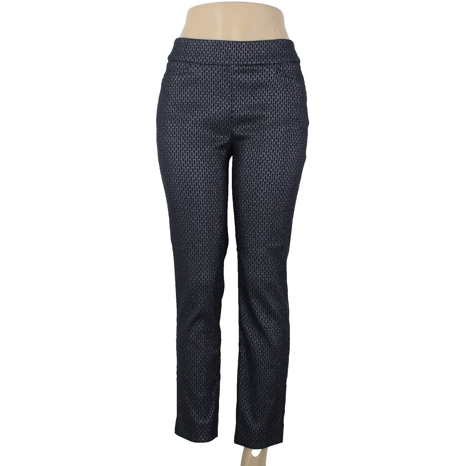 Chicos NEW Sz 0 x 27 Navy Blue Silver Metallic Black Slim Leg Rayon Nylon Pant