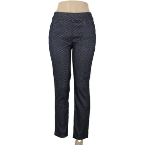 Chicos NEW Sz 0 x 27 Navy Blue Silver Metallic Black Slim Leg Rayon Nylon Pant