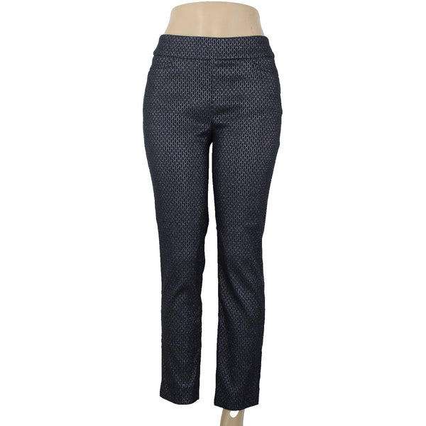 Chicos NEW Sz 0 x 27 Navy Blue Silver Metallic Black Slim Leg Rayon Nylon Pant