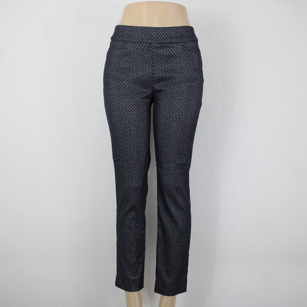 Chicos NEW Sz 0 x 27 Navy Blue Silver Metallic Black Slim Leg Rayon Nylon Pant
