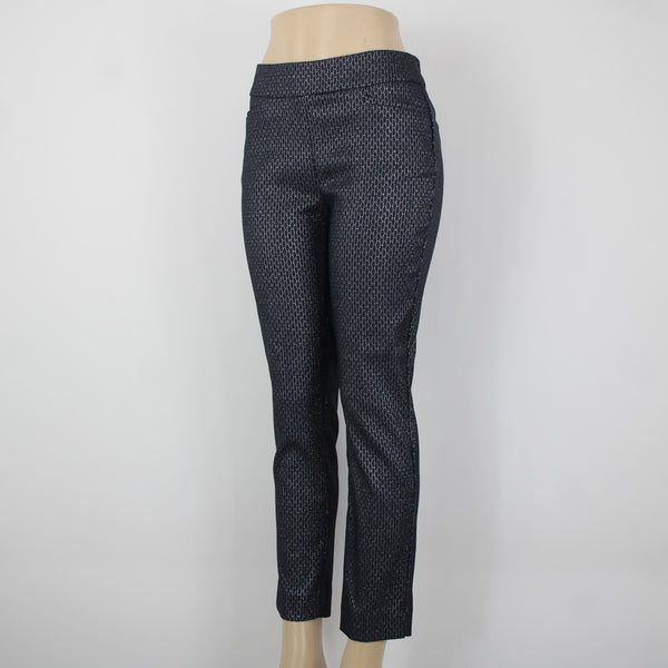 Chicos NEW Sz 0 x 27 Navy Blue Silver Metallic Black Slim Leg Rayon Nylon Pant