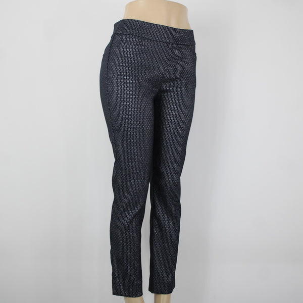 Chicos NEW Sz 0 x 27 Navy Blue Silver Metallic Black Slim Leg Rayon Nylon Pant