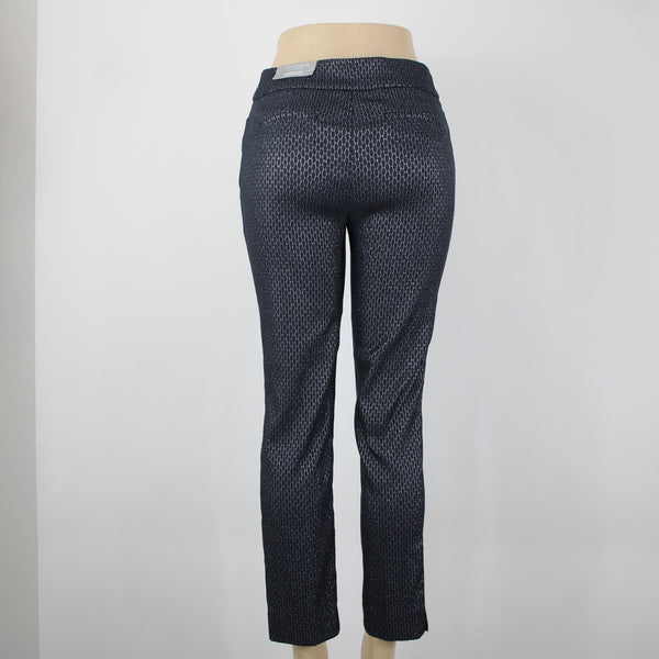 Chicos NEW Sz 0 x 27 Navy Blue Silver Metallic Black Slim Leg Rayon Nylon Pant