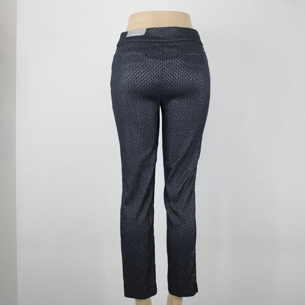 Chicos NEW Sz 0 x 27 Navy Blue Silver Metallic Black Slim Leg Rayon Nylon Pant