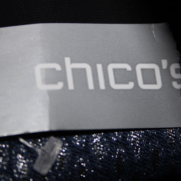 Chicos NEW Sz 0 x 27 Navy Blue Silver Metallic Black Slim Leg Rayon Nylon Pant