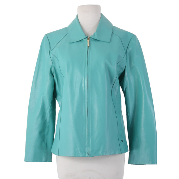 Black Rivet Jacket Sz L Aqua Blue Collared Pockets Full Zip 100% Leather Lined