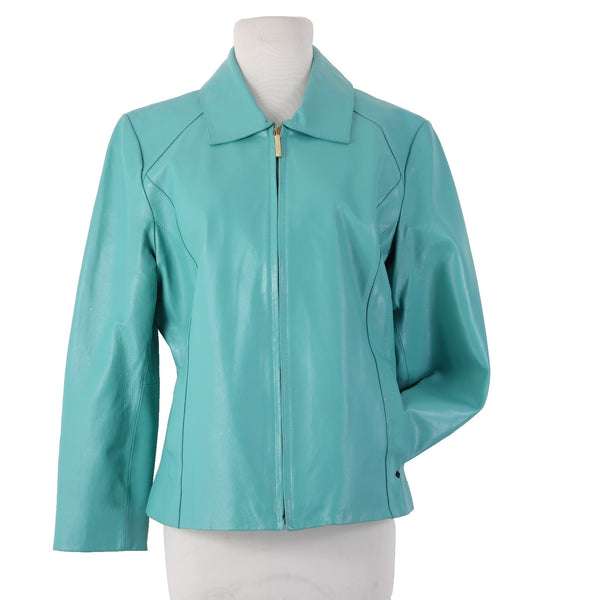 Black Rivet Jacket Sz L Aqua Blue Collared Pockets Full Zip 100% Leather Lined