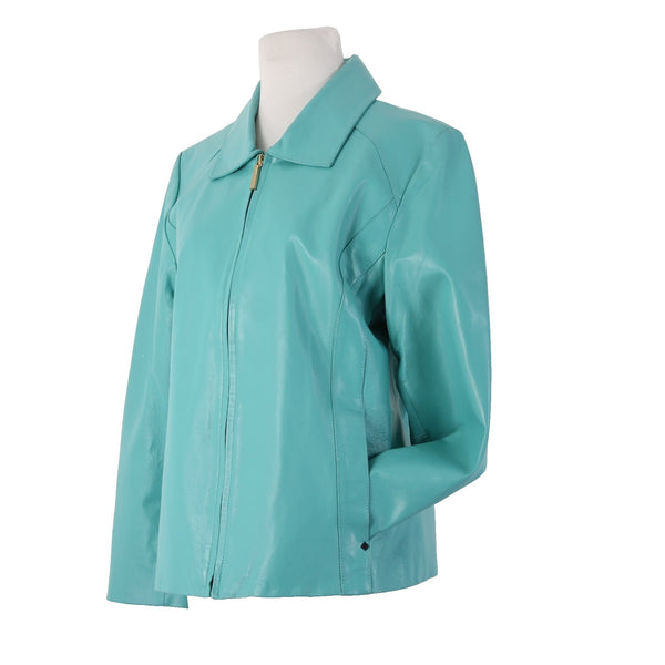 Black Rivet Jacket Sz L Aqua Blue Collared Pockets Full Zip 100% Leather Lined