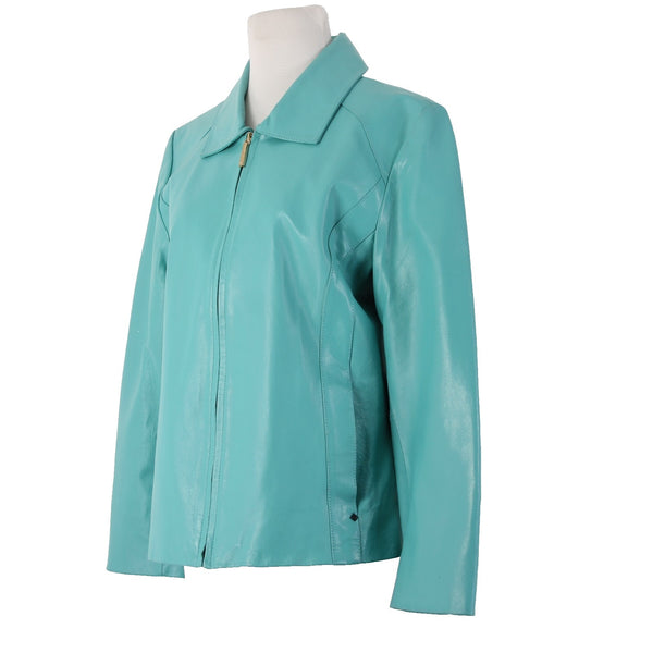 Black Rivet Jacket Sz L Aqua Blue Collared Pockets Full Zip 100% Leather Lined