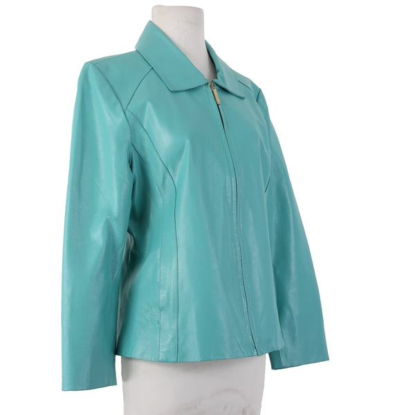 Black Rivet Jacket Sz L Aqua Blue Collared Pockets Full Zip 100% Leather Lined