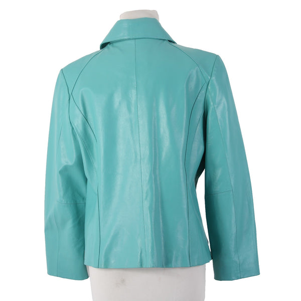 Black Rivet Jacket Sz L Aqua Blue Collared Pockets Full Zip 100% Leather Lined