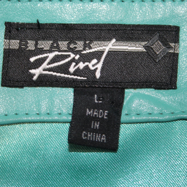 Black Rivet Jacket Sz L Aqua Blue Collared Pockets Full Zip 100% Leather Lined