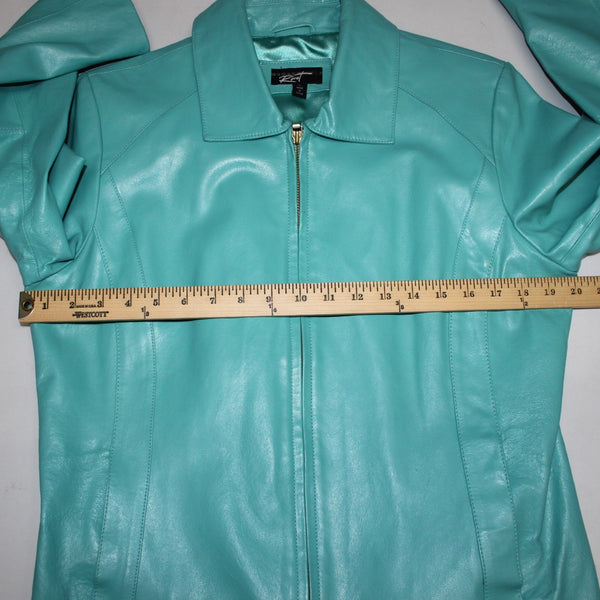 Black Rivet Jacket Sz L Aqua Blue Collared Pockets Full Zip 100% Leather Lined