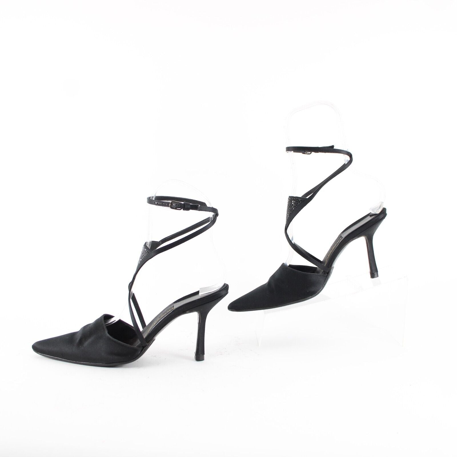 Donna Karan Sz 7.5 B Black On Black Rhinestone Ankle Wrap Satin Leather 3" Heels