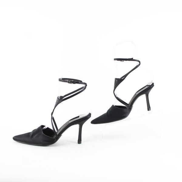 Donna Karan Sz 7.5 B Black On Black Rhinestone Ankle Wrap Satin Leather 3" Heels