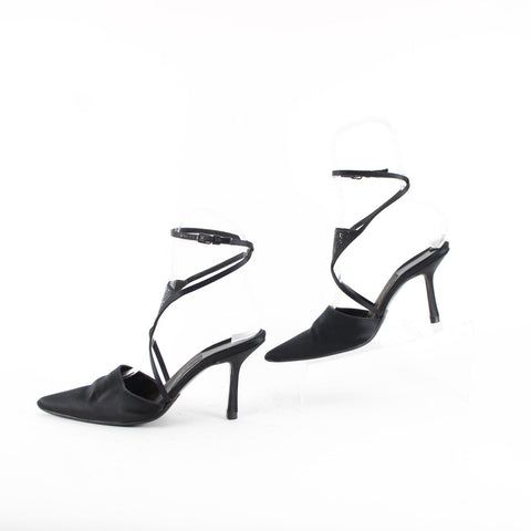 Donna Karan Sz 7.5 B Black On Black Rhinestone Ankle Wrap Satin Leather 3" Heels
