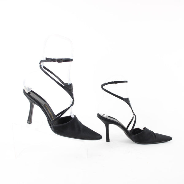 Donna Karan Sz 7.5 B Black On Black Rhinestone Ankle Wrap Satin Leather 3" Heels