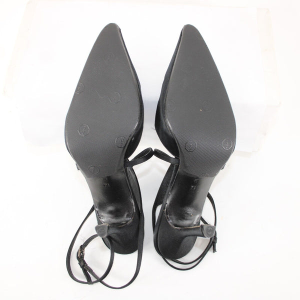 Donna Karan Sz 7.5 B Black On Black Rhinestone Ankle Wrap Satin Leather 3" Heels
