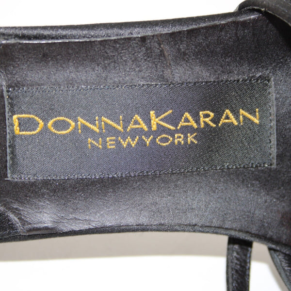 Donna Karan Sz 7.5 B Black On Black Rhinestone Ankle Wrap Satin Leather 3" Heels