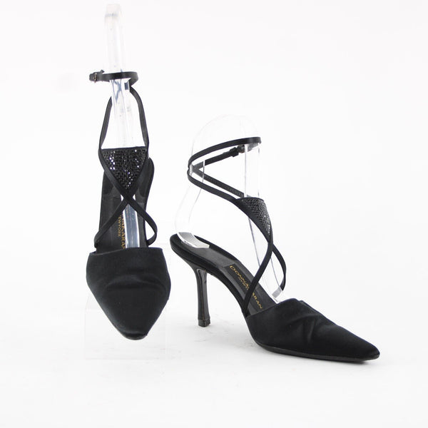 Donna Karan Sz 7.5 B Black On Black Rhinestone Ankle Wrap Satin Leather 3" Heels
