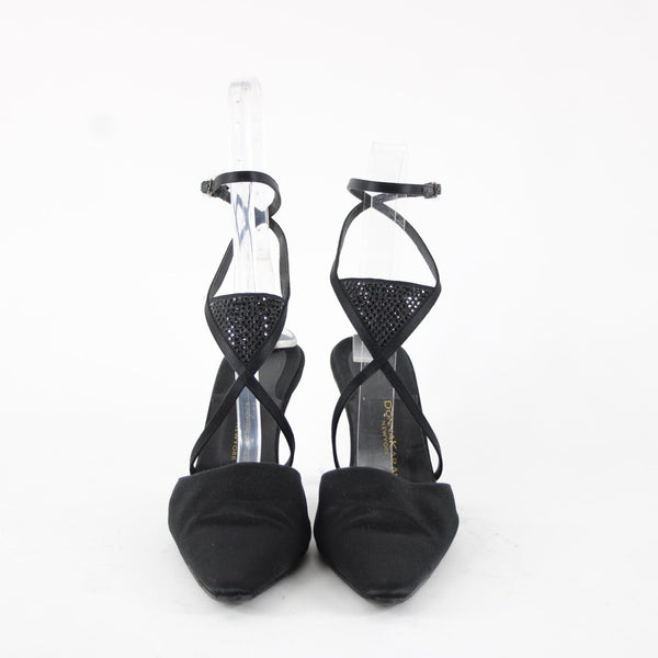 Donna Karan Sz 7.5 B Black On Black Rhinestone Ankle Wrap Satin Leather 3" Heels