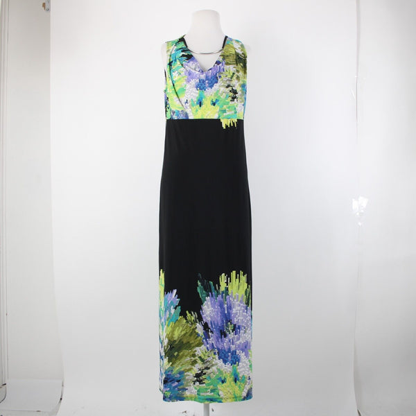 Silky Sz M Green Black Multicolor Silver Necklace Travel Polyester Spandex Dress