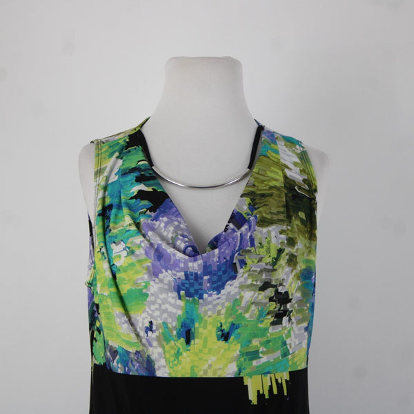 Silky Sz M Green Black Multicolor Silver Necklace Travel Polyester Spandex Dress