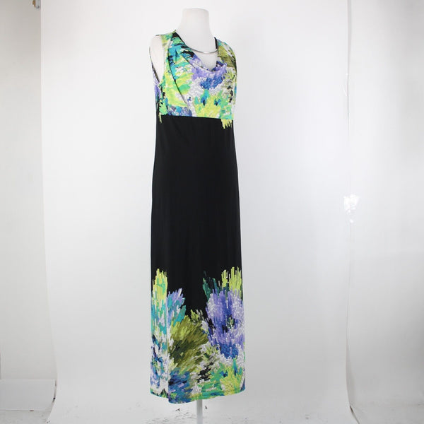 Silky Sz M Green Black Multicolor Silver Necklace Travel Polyester Spandex Dress