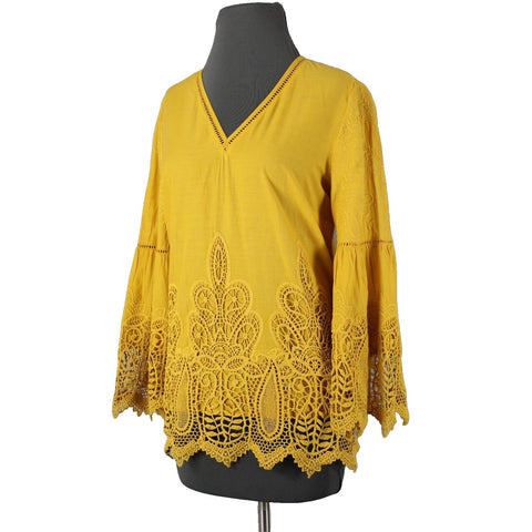 Chicos NEW $109 Sz 0 Bright Ochre Yellow Embroid Lace Cut Out 100% Cotton Top