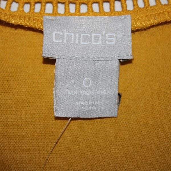 Chicos NEW $109 Sz 0 Bright Ochre Yellow Embroid Lace Cut Out 100% Cotton Top
