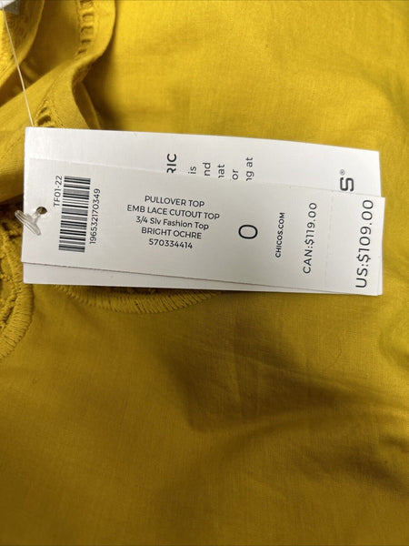 Chicos NEW $109 Sz 0 Bright Ochre Yellow Embroid Lace Cut Out 100% Cotton Top