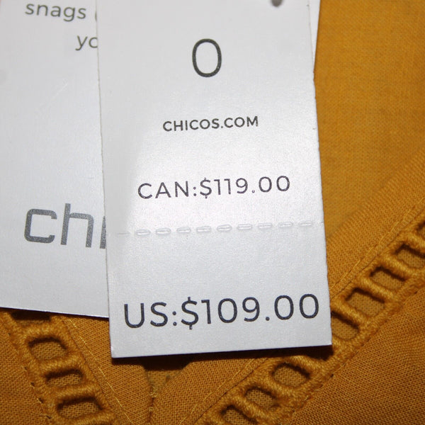Chicos NEW $109 Sz 0 Bright Ochre Yellow Embroid Lace Cut Out 100% Cotton Top
