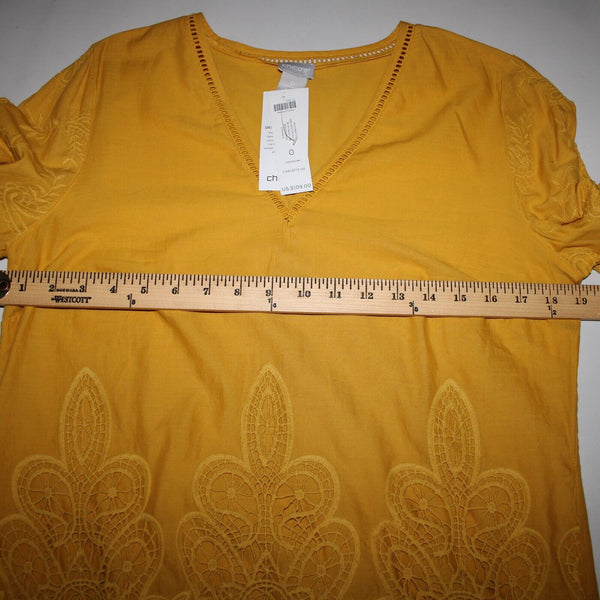 Chicos NEW $109 Sz 0 Bright Ochre Yellow Embroid Lace Cut Out 100% Cotton Top