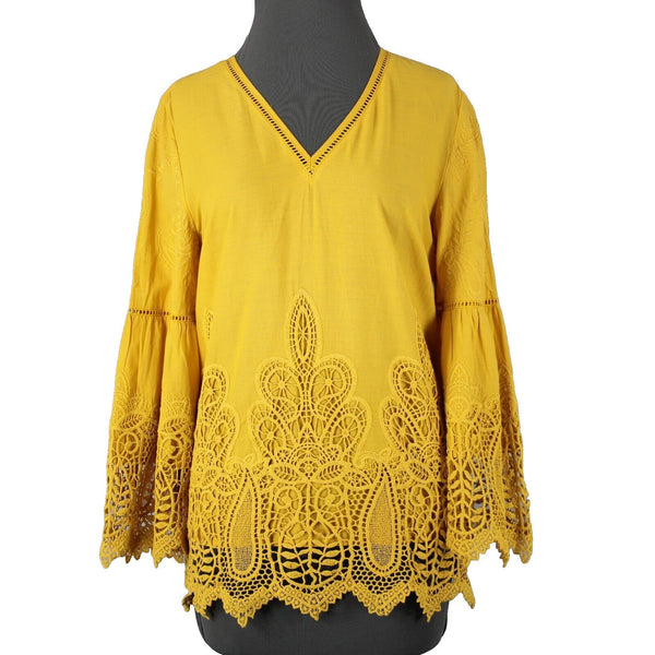 Chicos NEW $109 Sz 0 Bright Ochre Yellow Embroid Lace Cut Out 100% Cotton Top