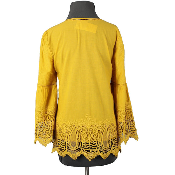 Chicos NEW $109 Sz 0 Bright Ochre Yellow Embroid Lace Cut Out 100% Cotton Top