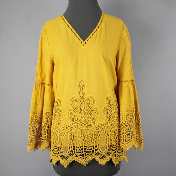 Chicos NEW $109 Sz 0 Bright Ochre Yellow Embroid Lace Cut Out 100% Cotton Top