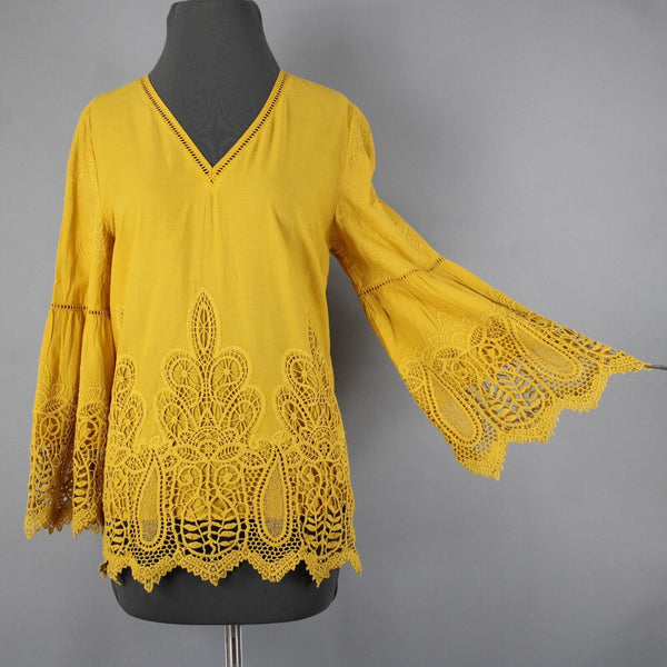 Chicos NEW $109 Sz 0 Bright Ochre Yellow Embroid Lace Cut Out 100% Cotton Top